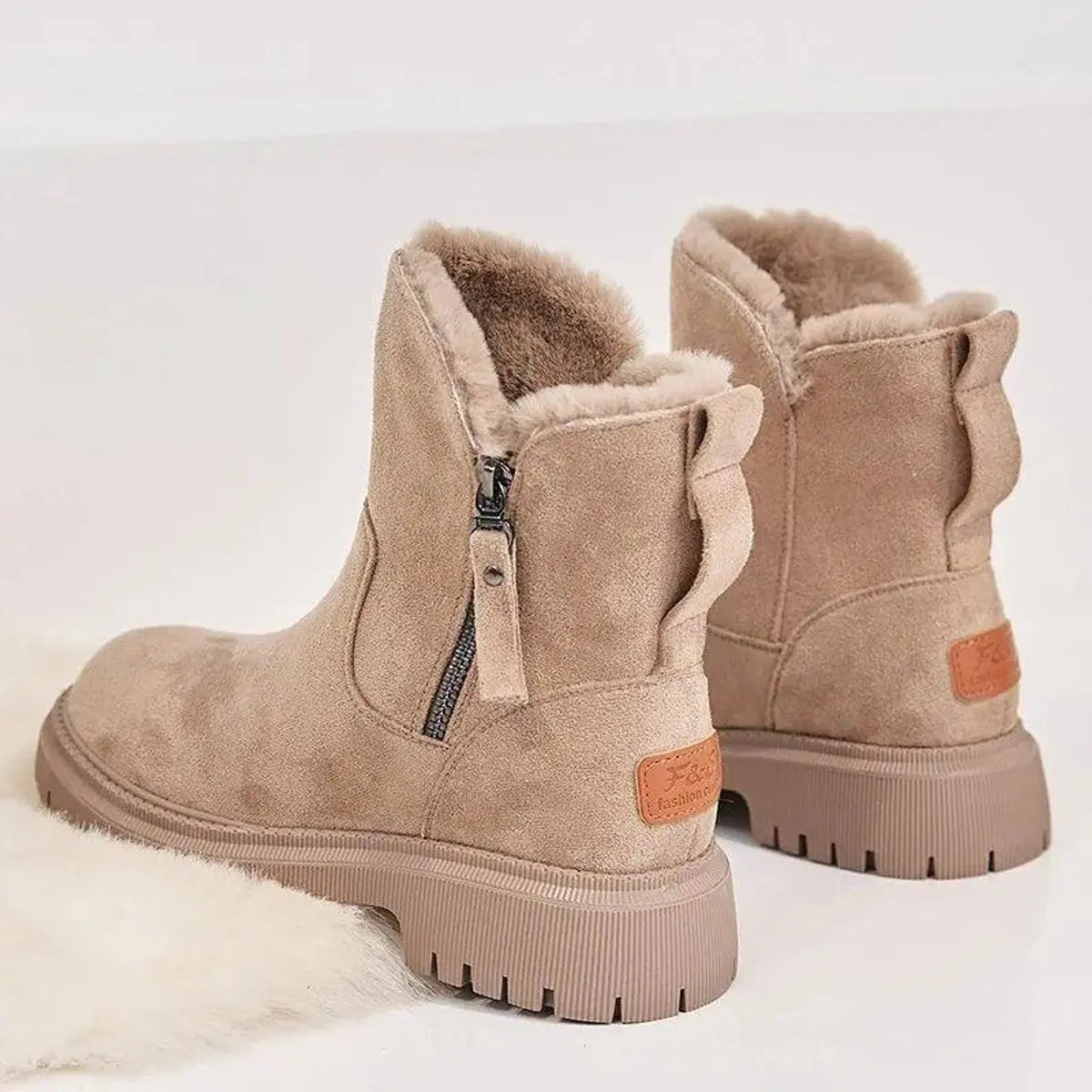 Women's Orthopedic Fur-Lined Zip-Up Ankle Boots - Beige