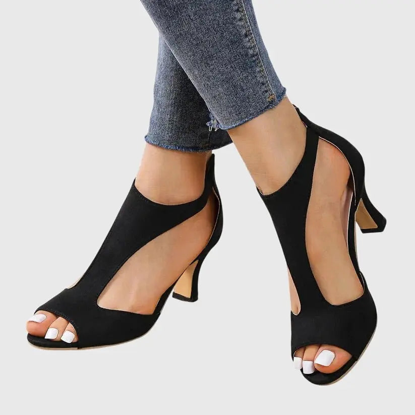 Women's Orthopedic Heels Ankle Strap Peep Toe Comfort - Black