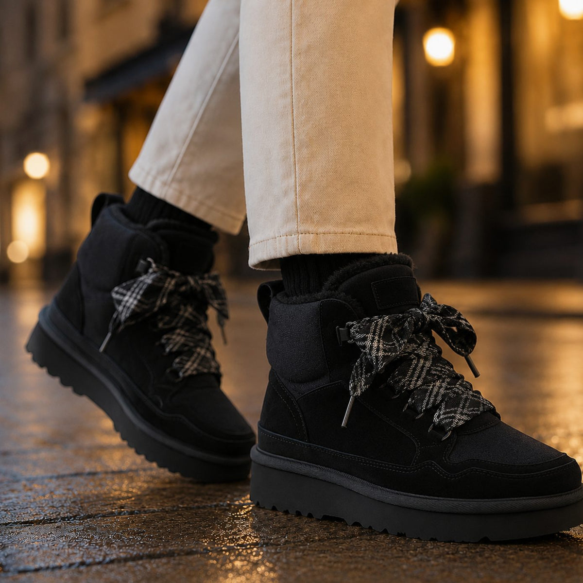 Women's Orthopedic Lace-Up Suede Ankle Boots Platform Sole - Black