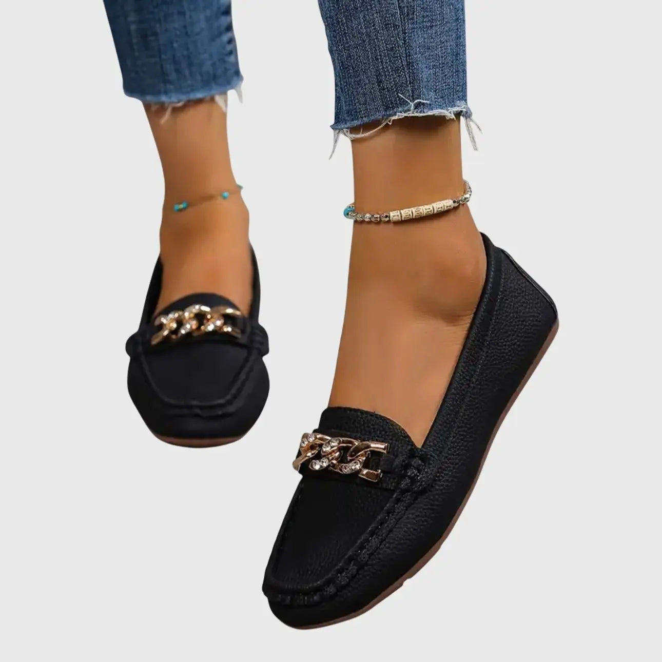 Women's Orthopedic Loafers Chain Detail Slip-On Comfort - Black