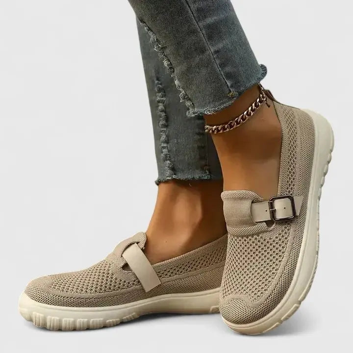Women's Orthopedic Loafers Slip-On Comfort Buckle Strap - Beige