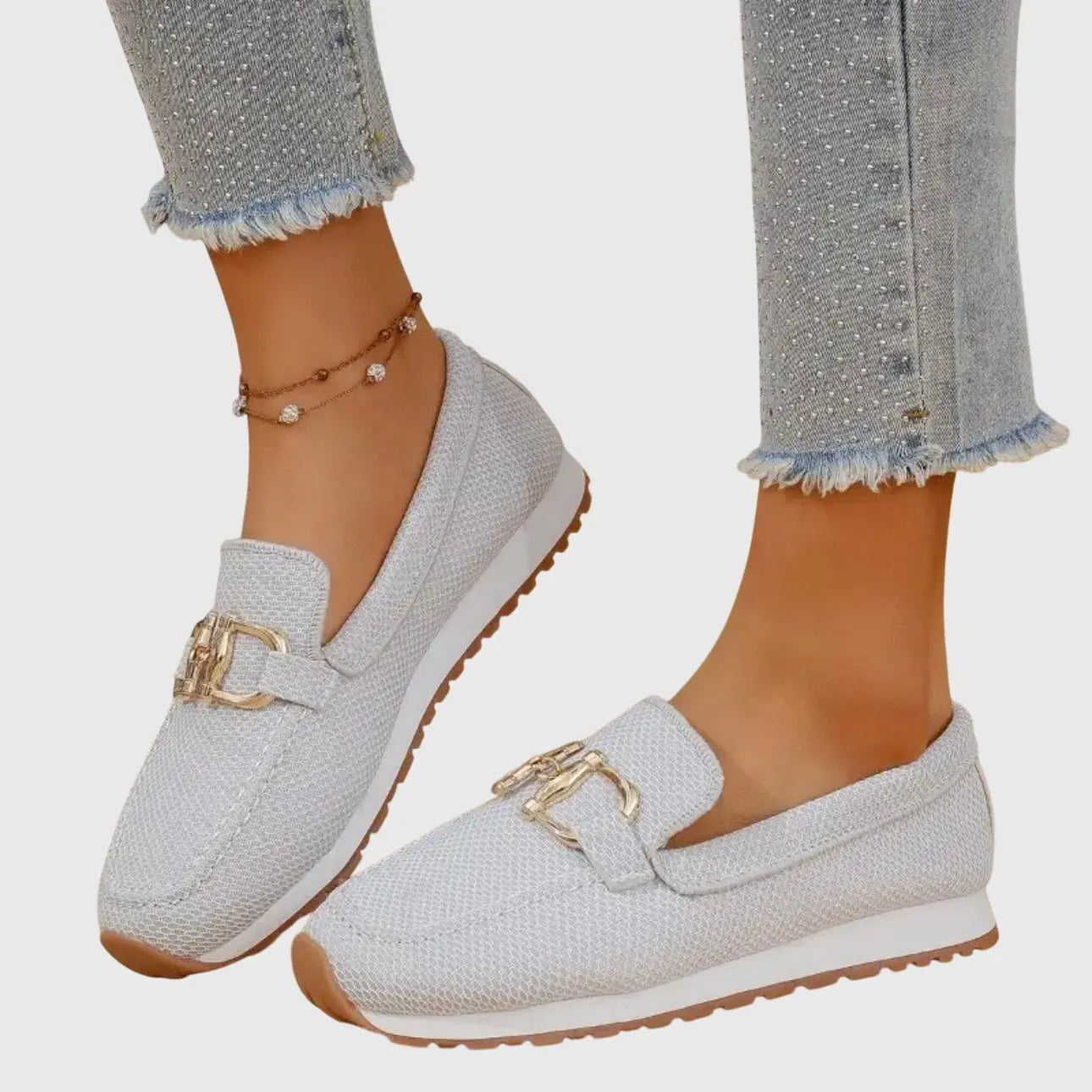 Women's Orthopedic Loafers Slip-On Comfort Gold Hardware - White