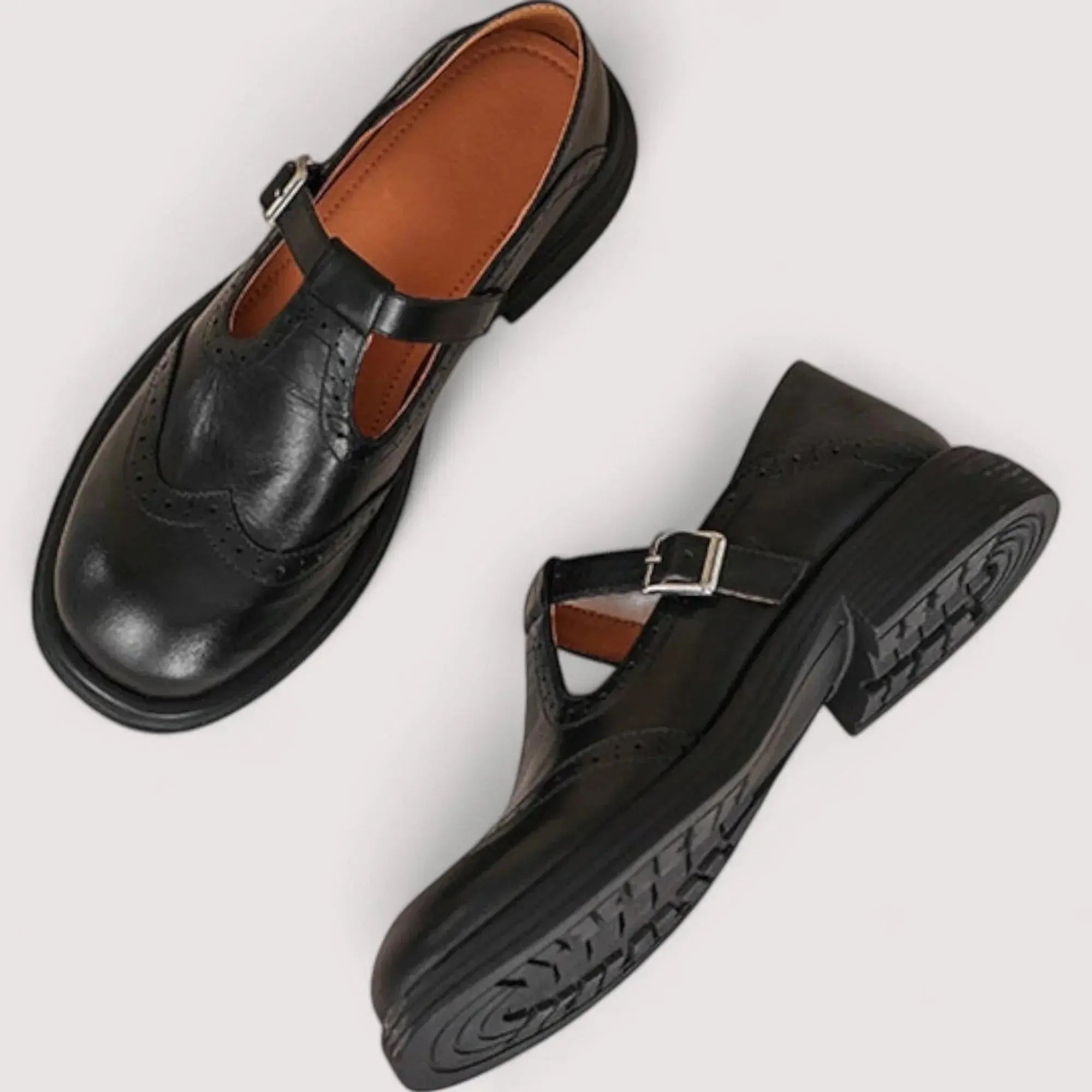 Women's Orthopedic Mary Jane Shoes T-Bar Leather Comfort - Black