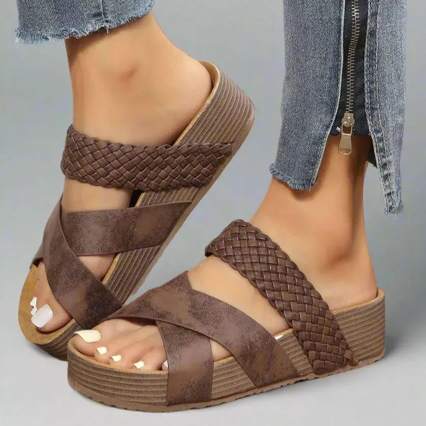 Women's Orthopedic Platform Sandals Braided Straps Comfort - Brown
