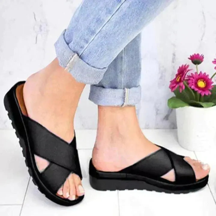 Women's Orthopedic Sandals Cross Strap Comfort Sole - Black