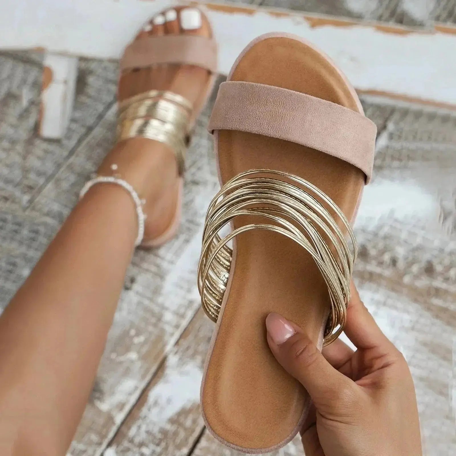 Women's Orthopedic Sandals Slip-On Comfort Metallic Straps - Khaki