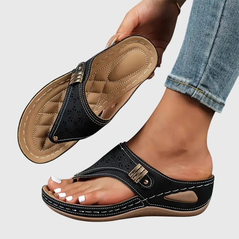 Women's Orthopedic Sandals Slip-On Wedge Toe-Post - Black