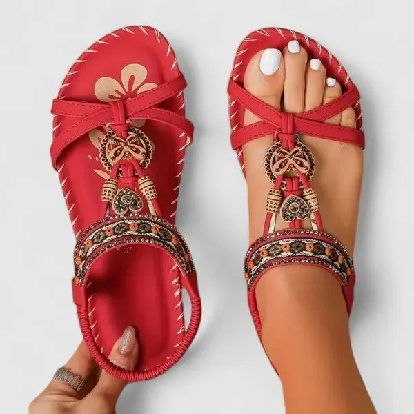 Women's Orthopedic Sandals Strappy Embroidered Comfort - Toledo Red