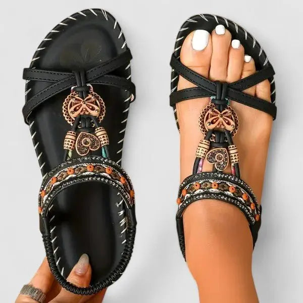 Women's Orthopedic Sandals Strappy Embroidered Comfort - Graphite Black