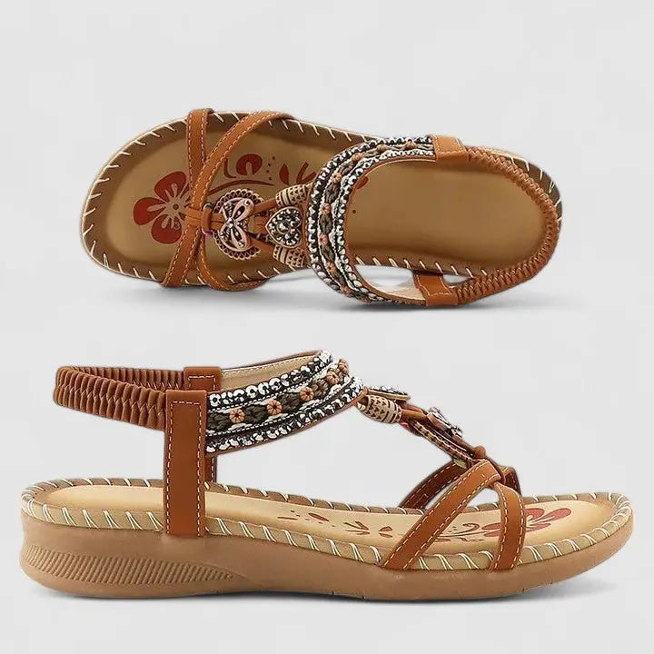 Women's Orthopedic Sandals Strappy Embroidered Comfort - Beige Bali