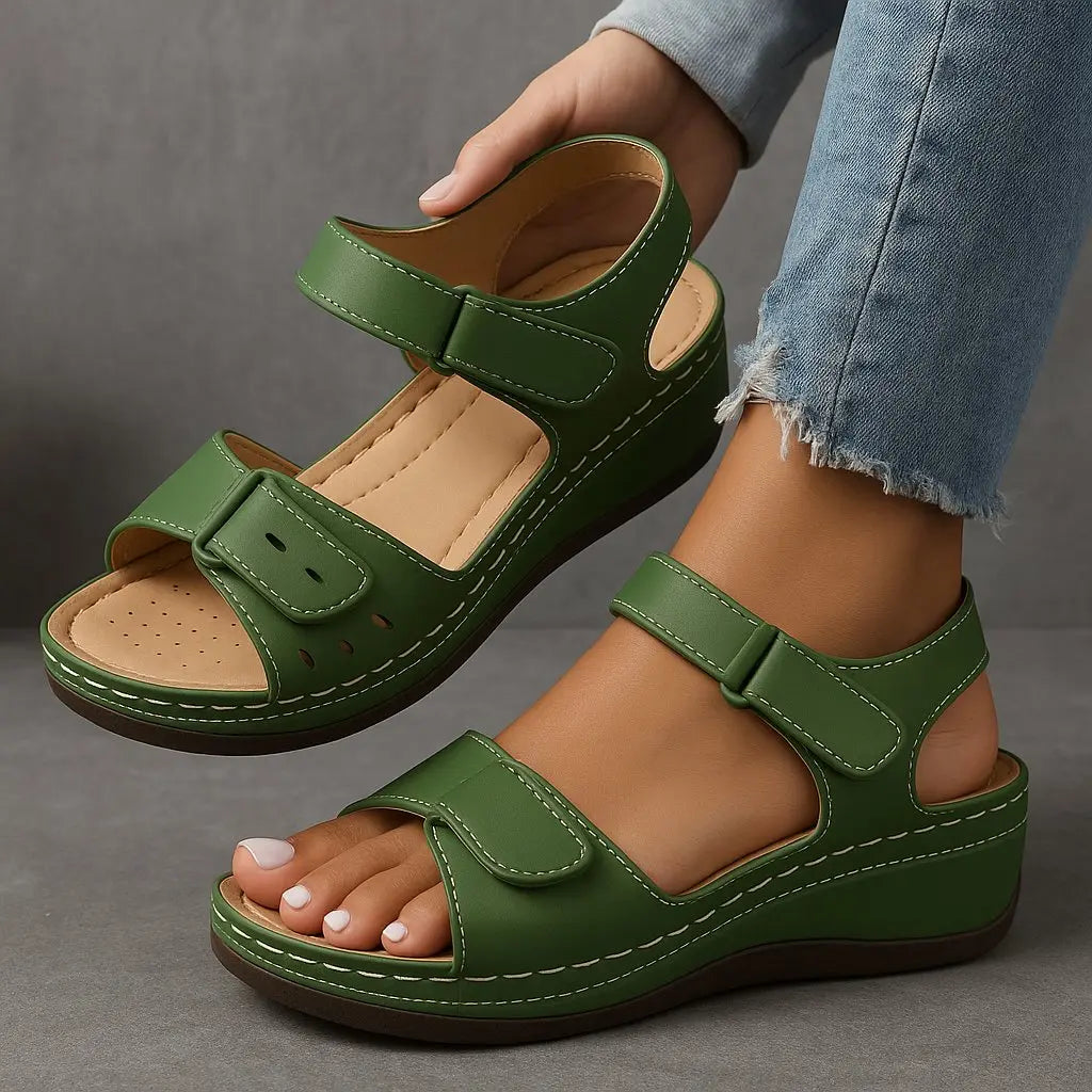 Women's Orthopedic Sandals Wedge Heel Adjustable Straps - Green