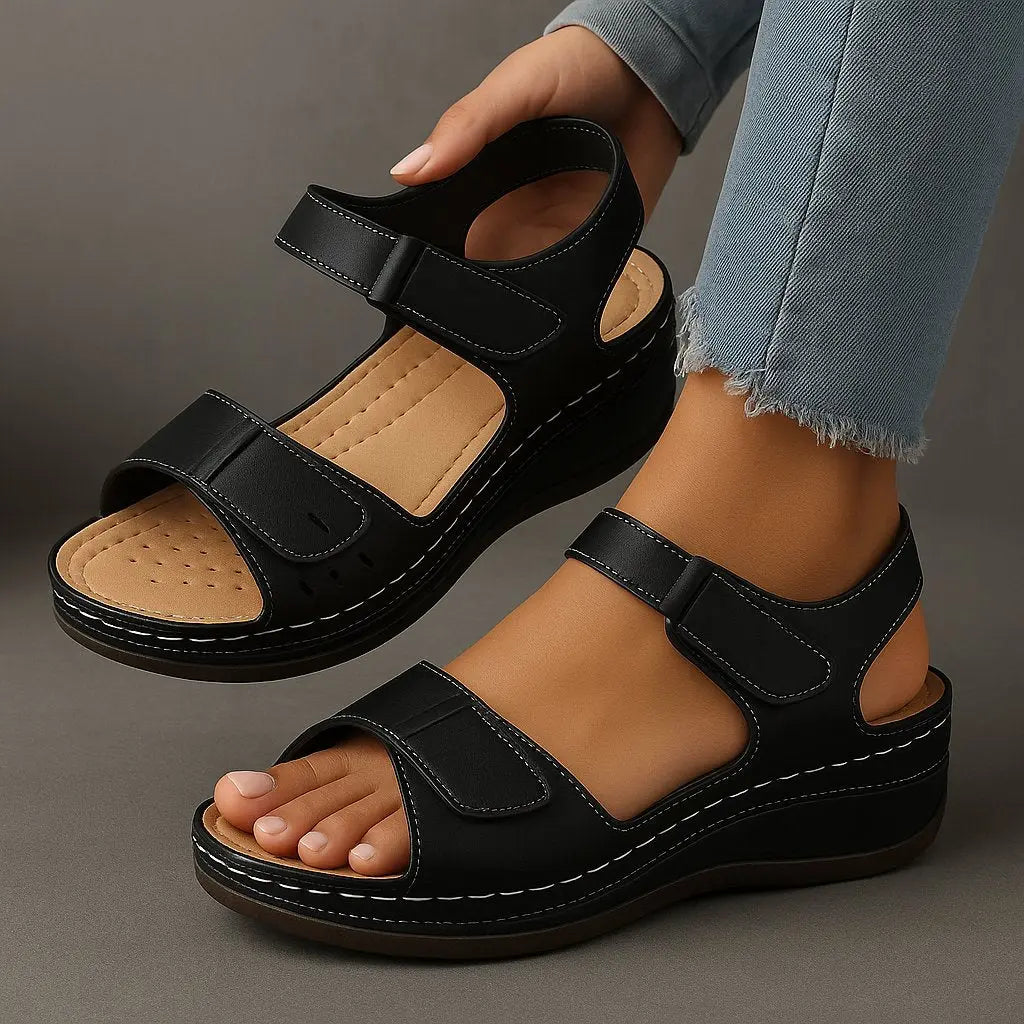 Women's Orthopedic Sandals Wedge Heel Adjustable Straps - Black (almost sold out)
