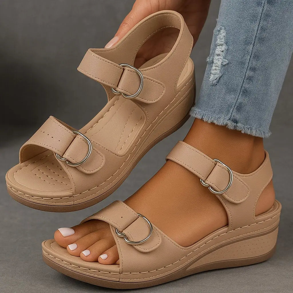 Women's Orthopedic Sandals Wedge Heel Adjustable Straps - Khaki