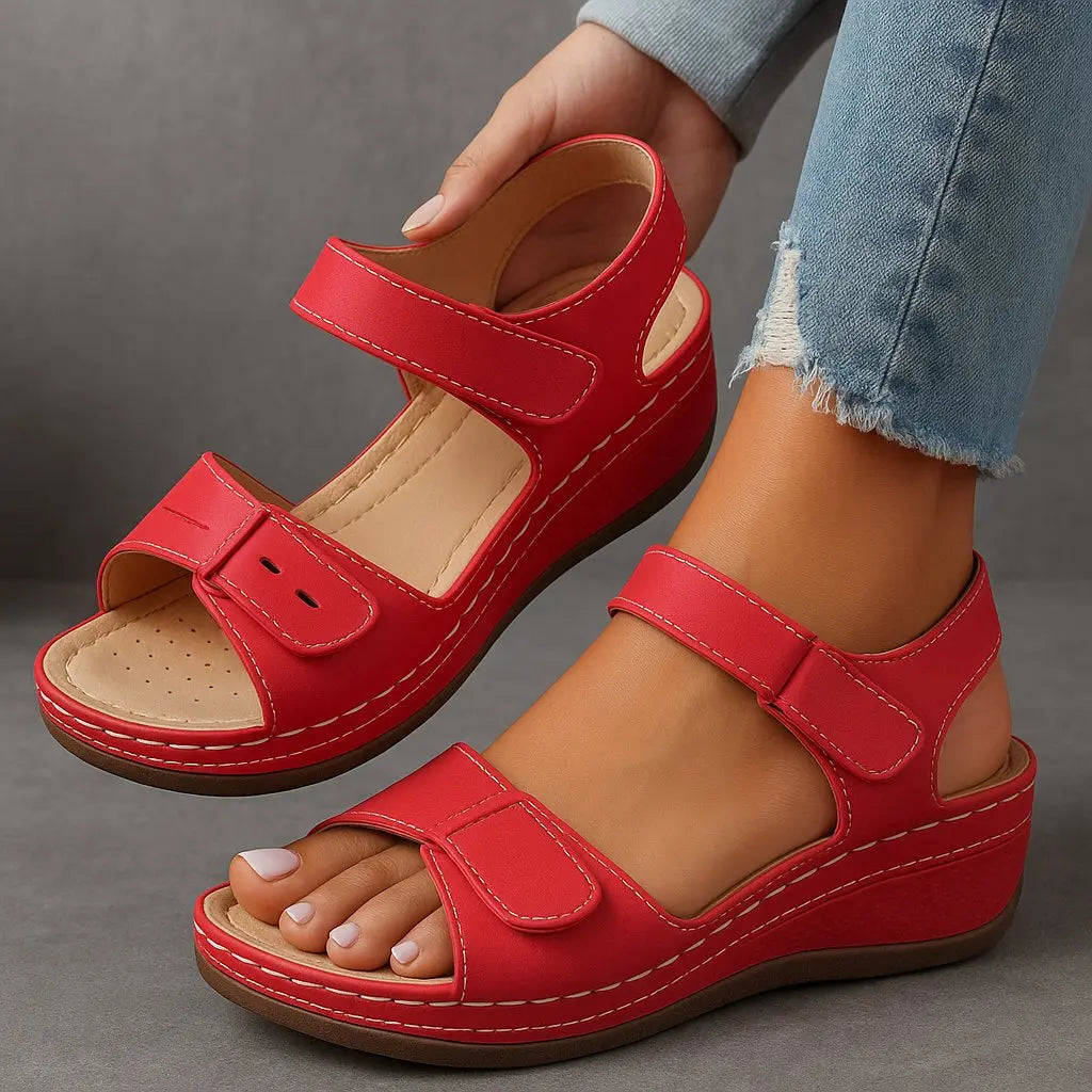Women's Orthopedic Sandals Wedge Heel Adjustable Straps - Red (almost sold out)