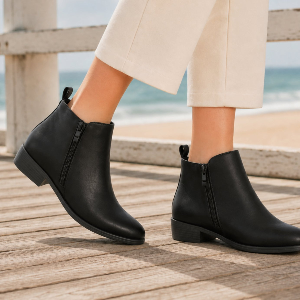 Women's Orthopedic Side-Zip Low-Heel Ankle Boots - Black