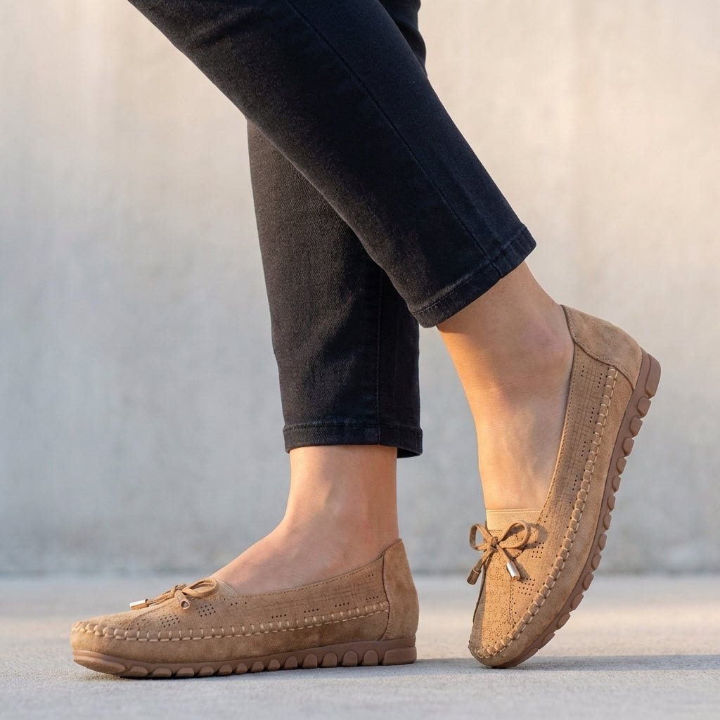 Women's Orthopedic Slip-On Bow Loafers Perforated - Camel