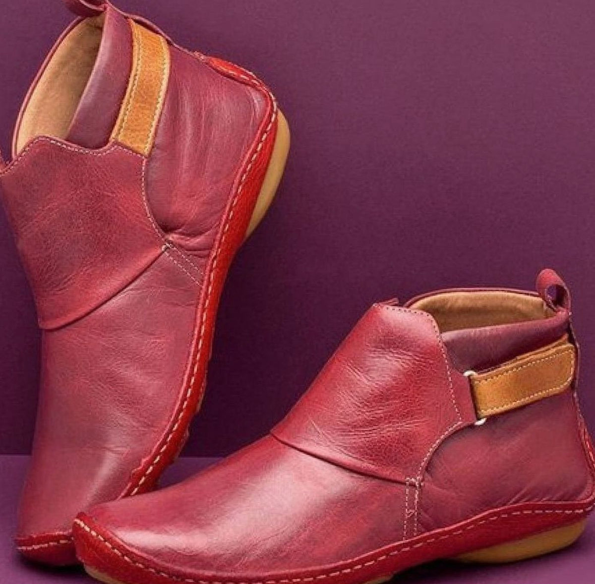 Women's Orthopedic Slip-On Leather Ankle Boots - Red
