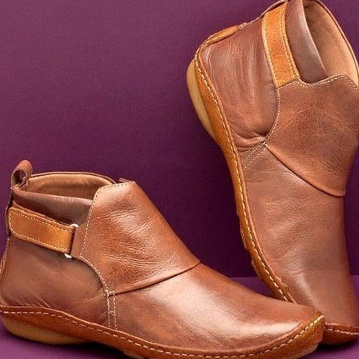Women's Orthopedic Slip-On Leather Ankle Boots - Brown
