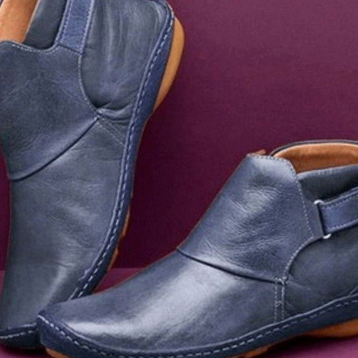 Women's Orthopedic Slip-On Leather Ankle Boots - Blue
