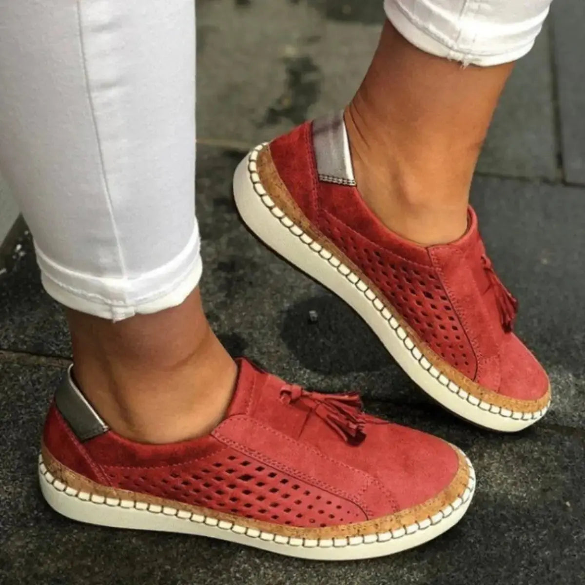Women's Orthopedic Slip-On Trainers Breathable Mesh Tassel - Red