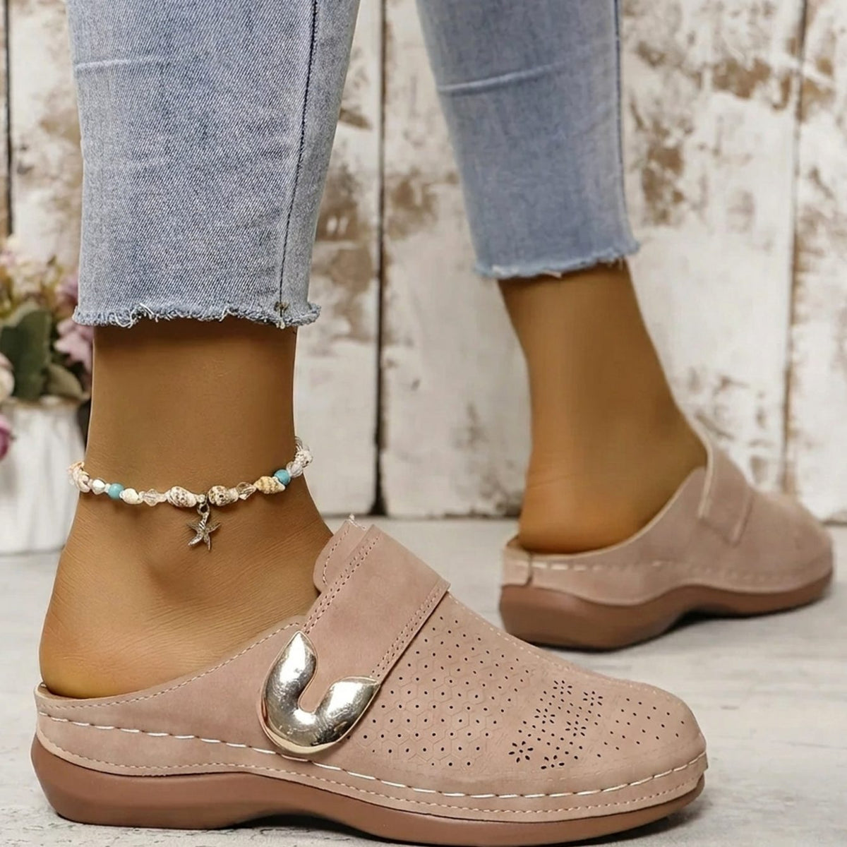 Women's Orthopedic Velcro Slip-On Mule Slippers - Beige