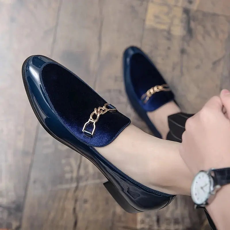 Women's Orthopedic Velvet Loafers with Gold Chain - Blue