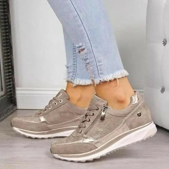 Women's Orthopedic Zip Trainers Rose Gold Comfort - Beige