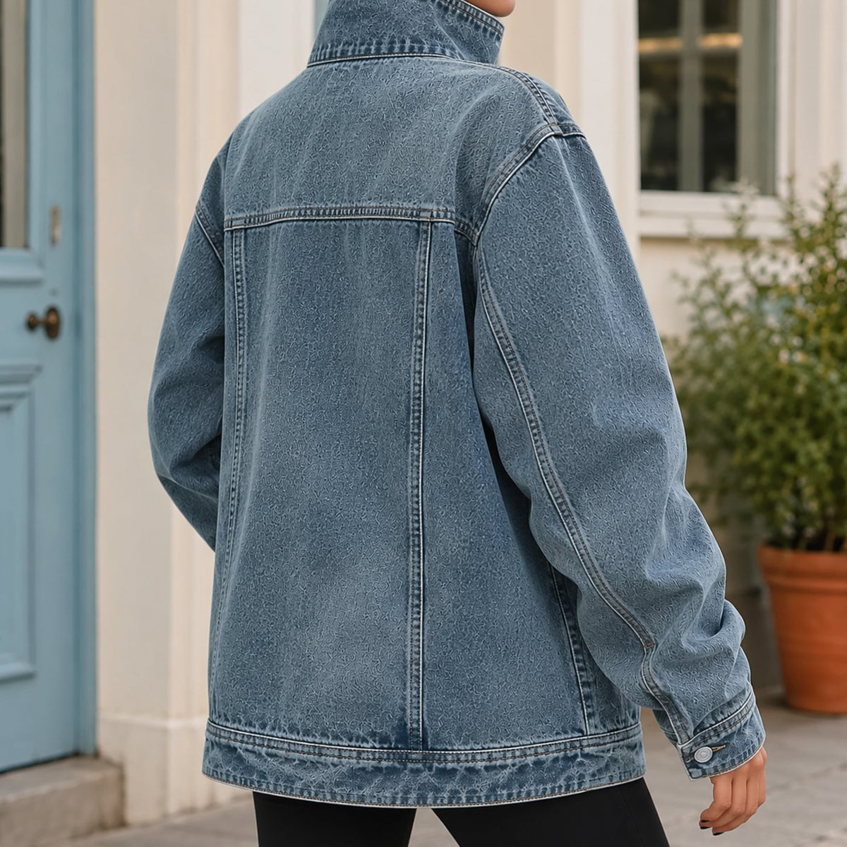 Women's Oversized Asymmetric Button Washed Denim Jacket