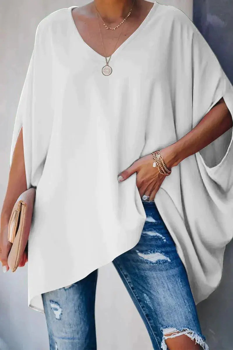 Women's Oversized Batwing-Sleeve V-Neck Tunic Top - White