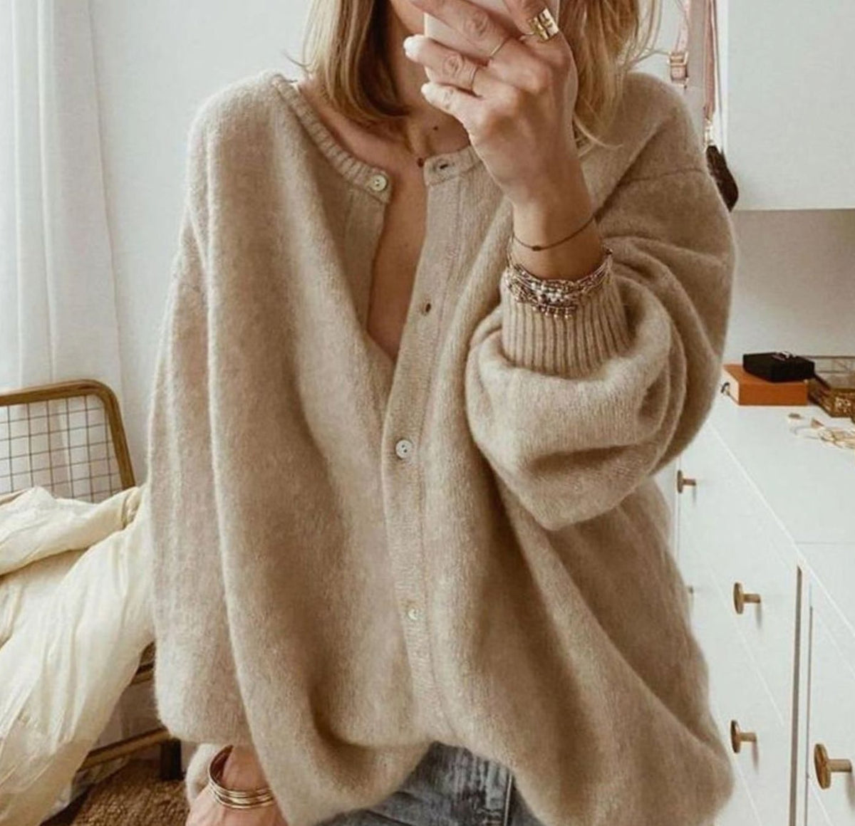 Women's Oversized Button-Up Knit Cardigan Ribbed Cuffs