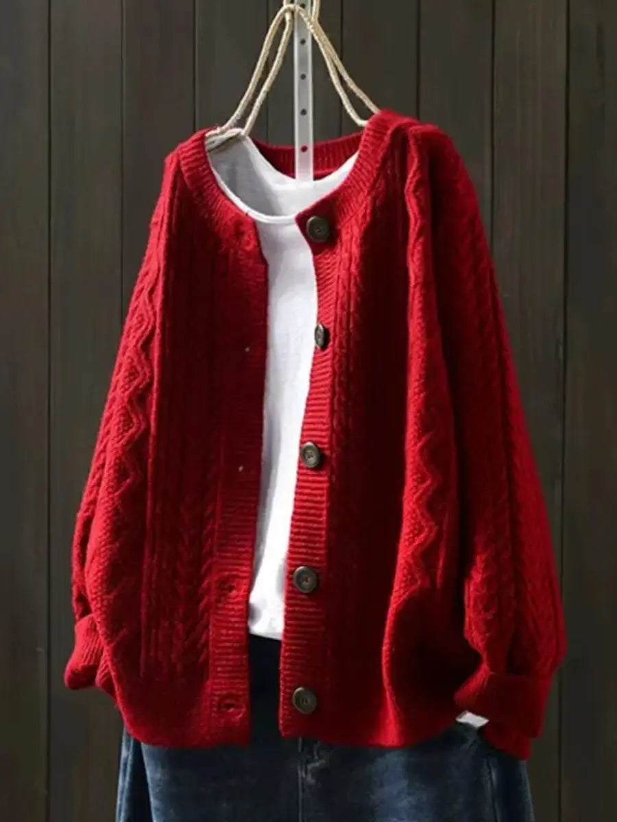Women's Oversized Cable-Knit Button-Down Cardigan - Red