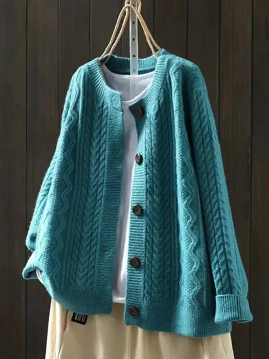 Women's Oversized Cable-Knit Button-Down Cardigan - Blue