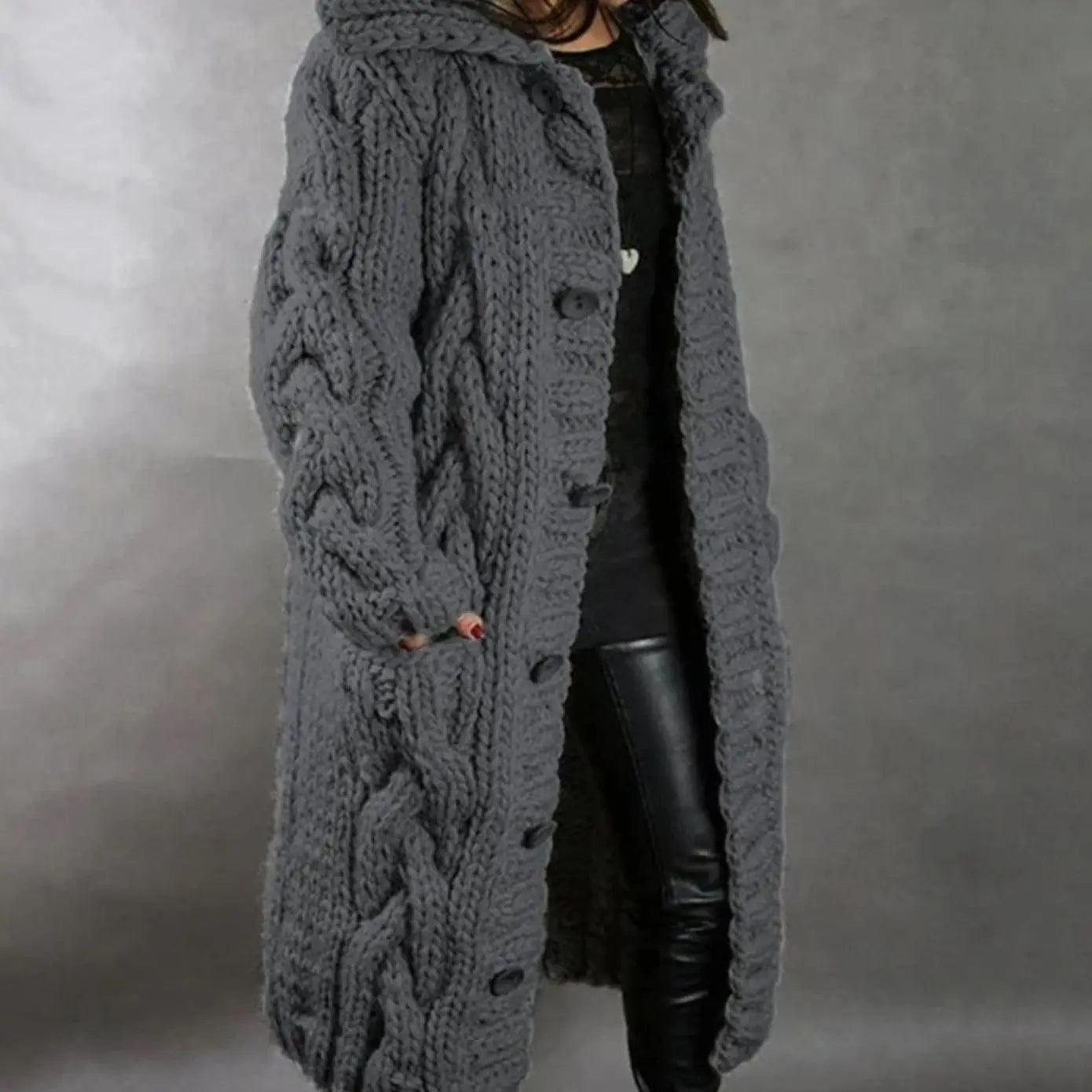 Women's Oversized Cable Knit Hooded Button Cardigan - Dark Grey