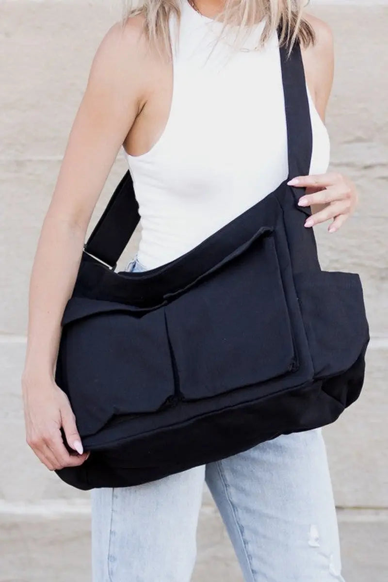 Women's Oversized Canvas Tote Bag Large Messenger Shoulder Bag - Black