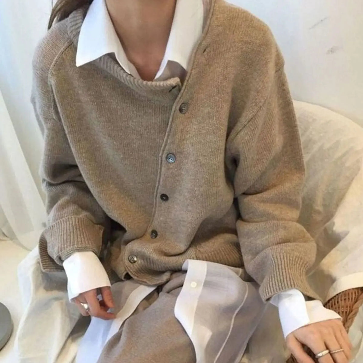 Women's Oversized Chunky Knit Cardigan Button-Front Ribbed Jumper - Brown