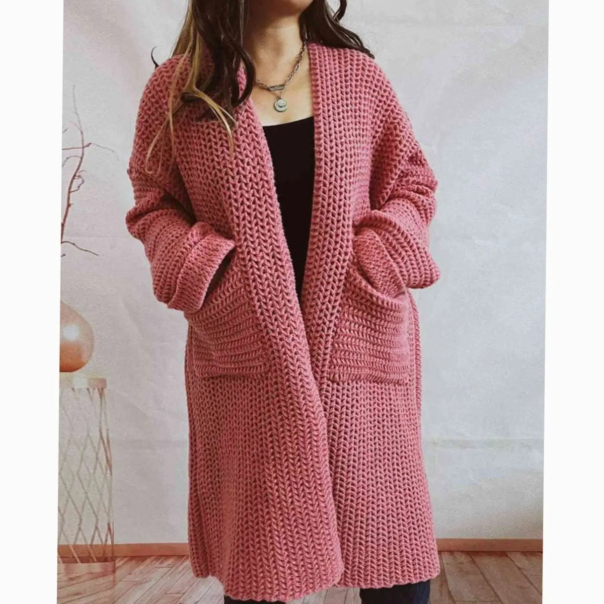 Women's Oversized Chunky Knit Cardigan Open Front Long Pockets - Dusty Pink