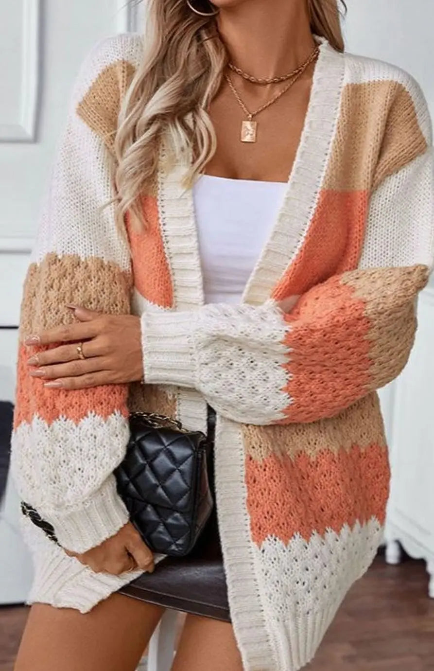Women's Oversized Chunky Knit Cardigan Open-Front Striped Jumper