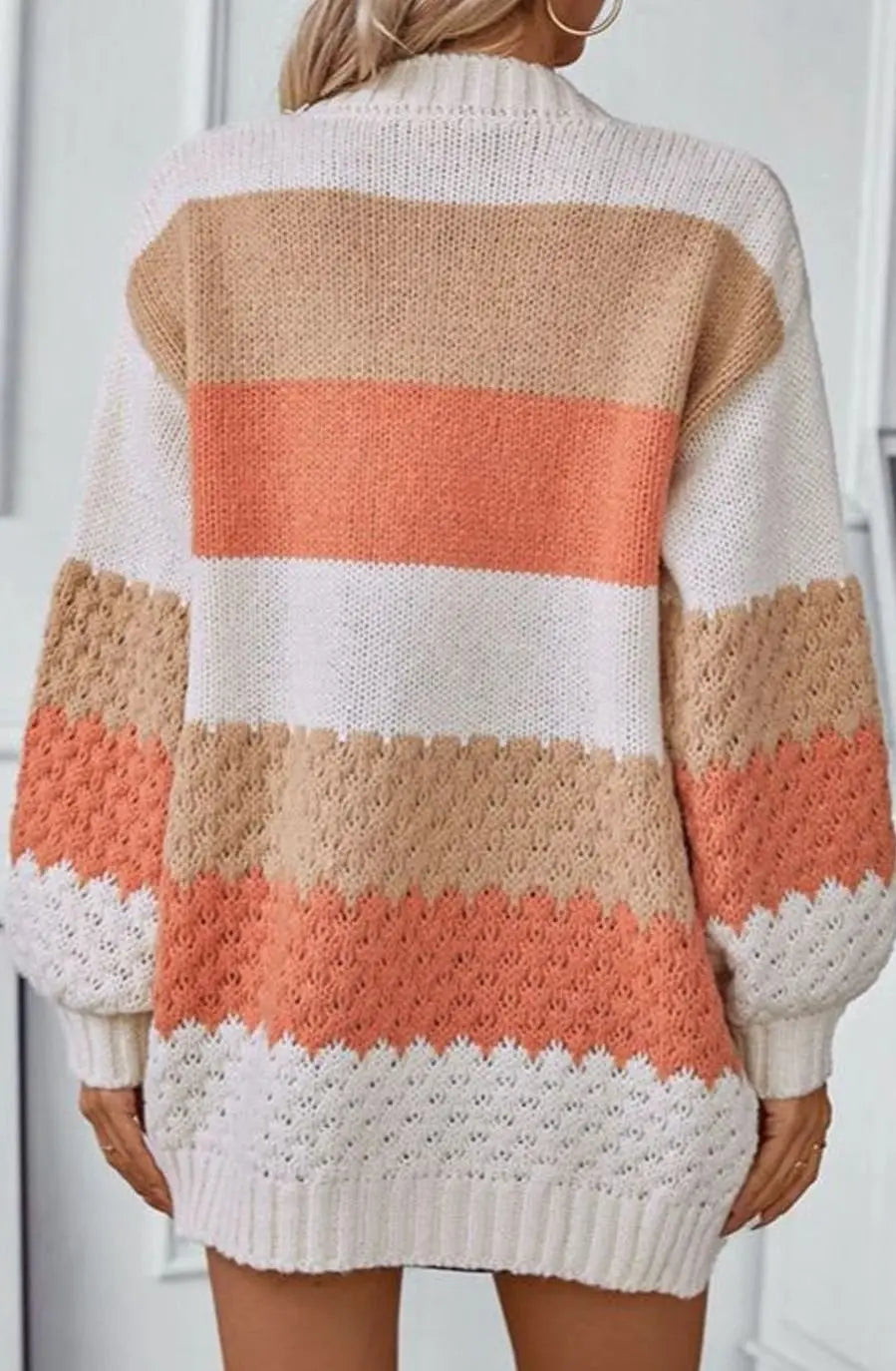 Women's Oversized Chunky Knit Cardigan Open-Front Striped Jumper