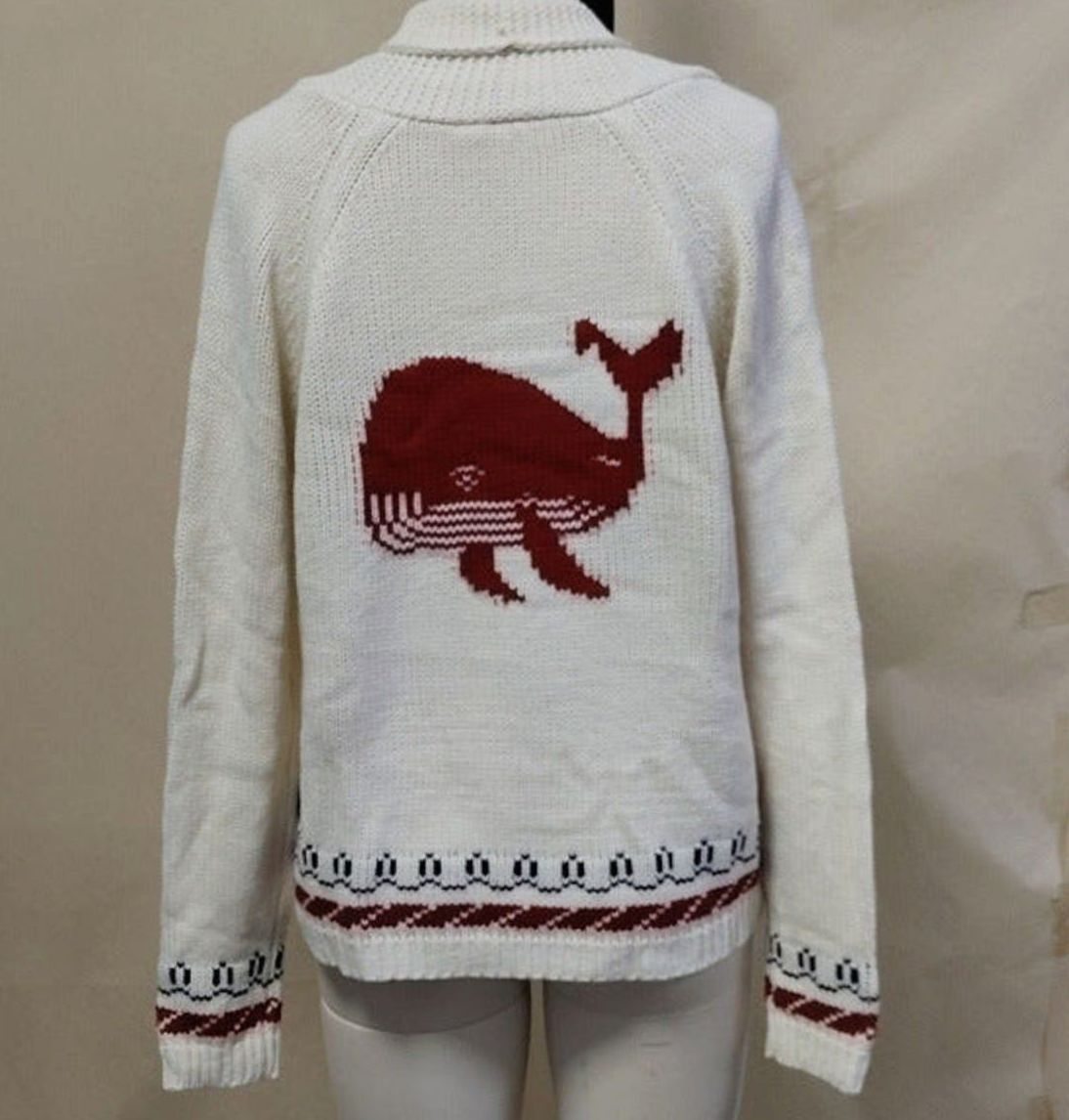 Women's Oversized Chunky Knit Nautical Whale Motif Cardigan - Red (Whale Motif)