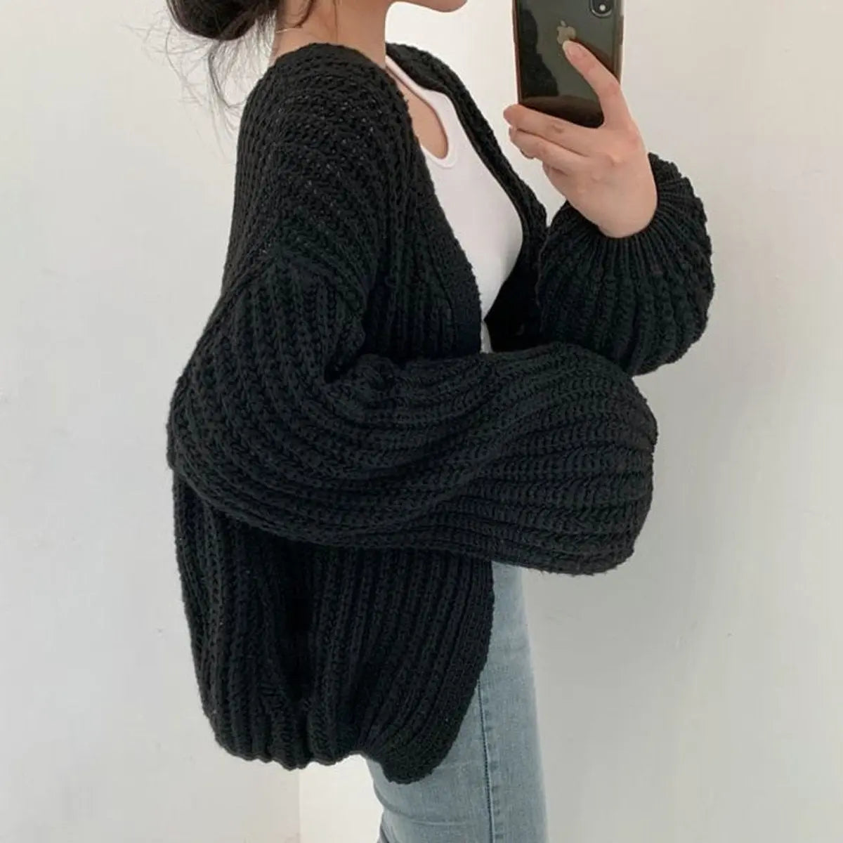 Women's Oversized Chunky Knit Open Front Cardigan Balloon Sleeves - Black