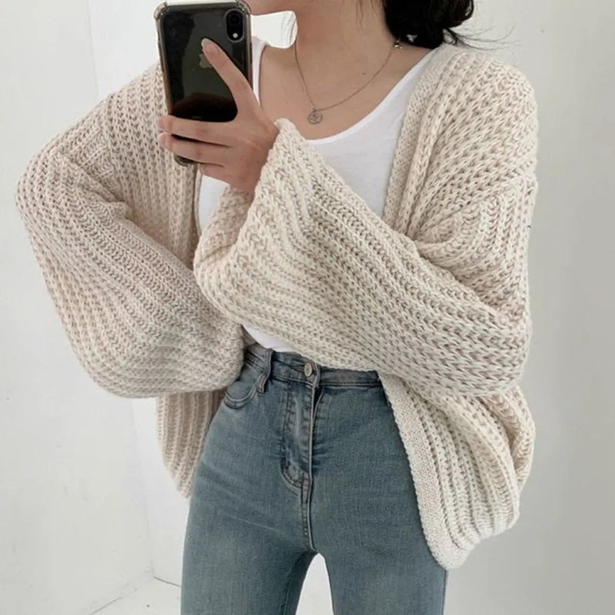 Women's Oversized Chunky Knit Open Front Cardigan Balloon Sleeves