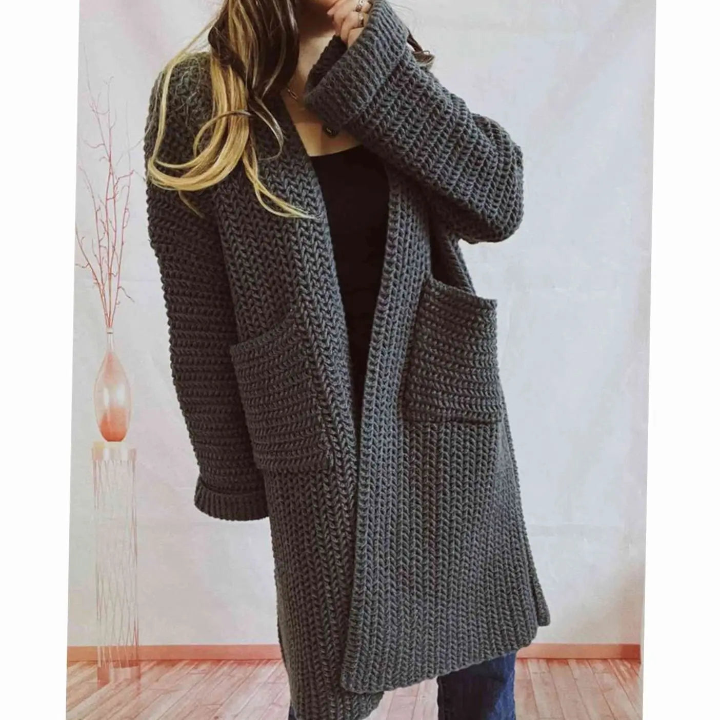 Women's Oversized Chunky Knit Open-Front Cardigan with Pockets