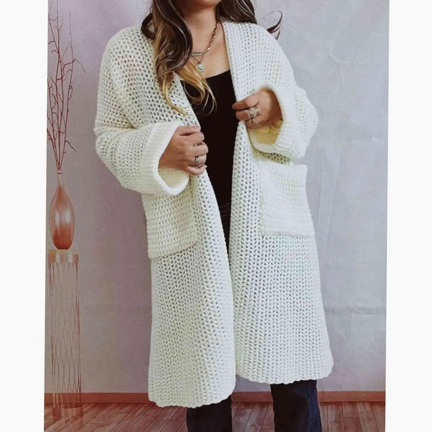 Women's Oversized Chunky Knit Open-Front Cardigan with Pockets - White