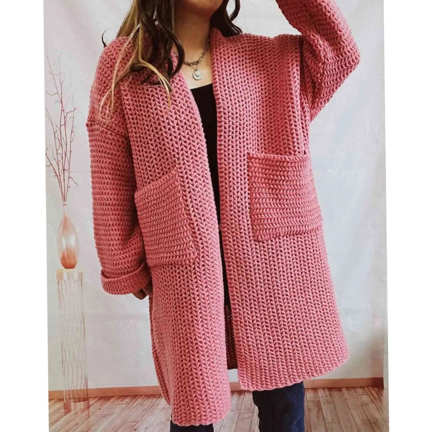 Women's Oversized Chunky Knit Open-Front Cardigan with Pockets