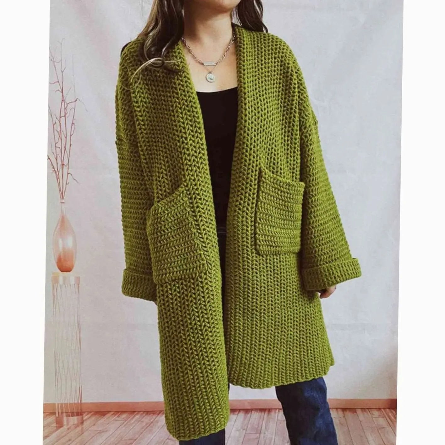 Women's Oversized Chunky Knit Open-Front Cardigan with Pockets - Moss