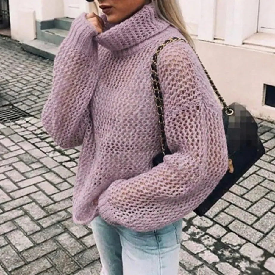 Women's Oversized Chunky Knit Turtleneck Jumper Balloon Sleeve - Purple