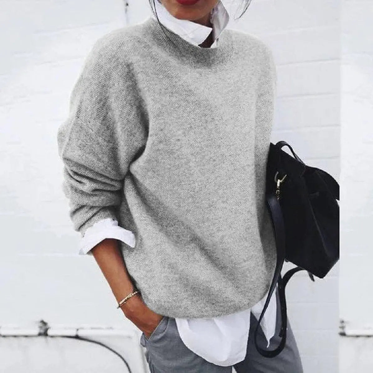 Women's Oversized Crew Neck Soft Knit Sweater Jumper - Grey