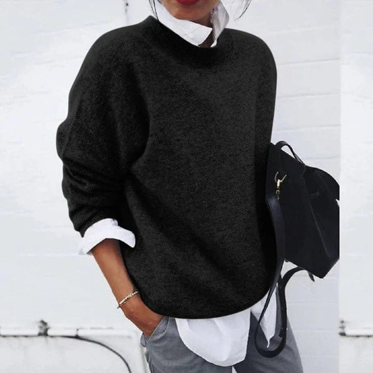 Women's Oversized Crew Neck Soft Knit Sweater Jumper - Black