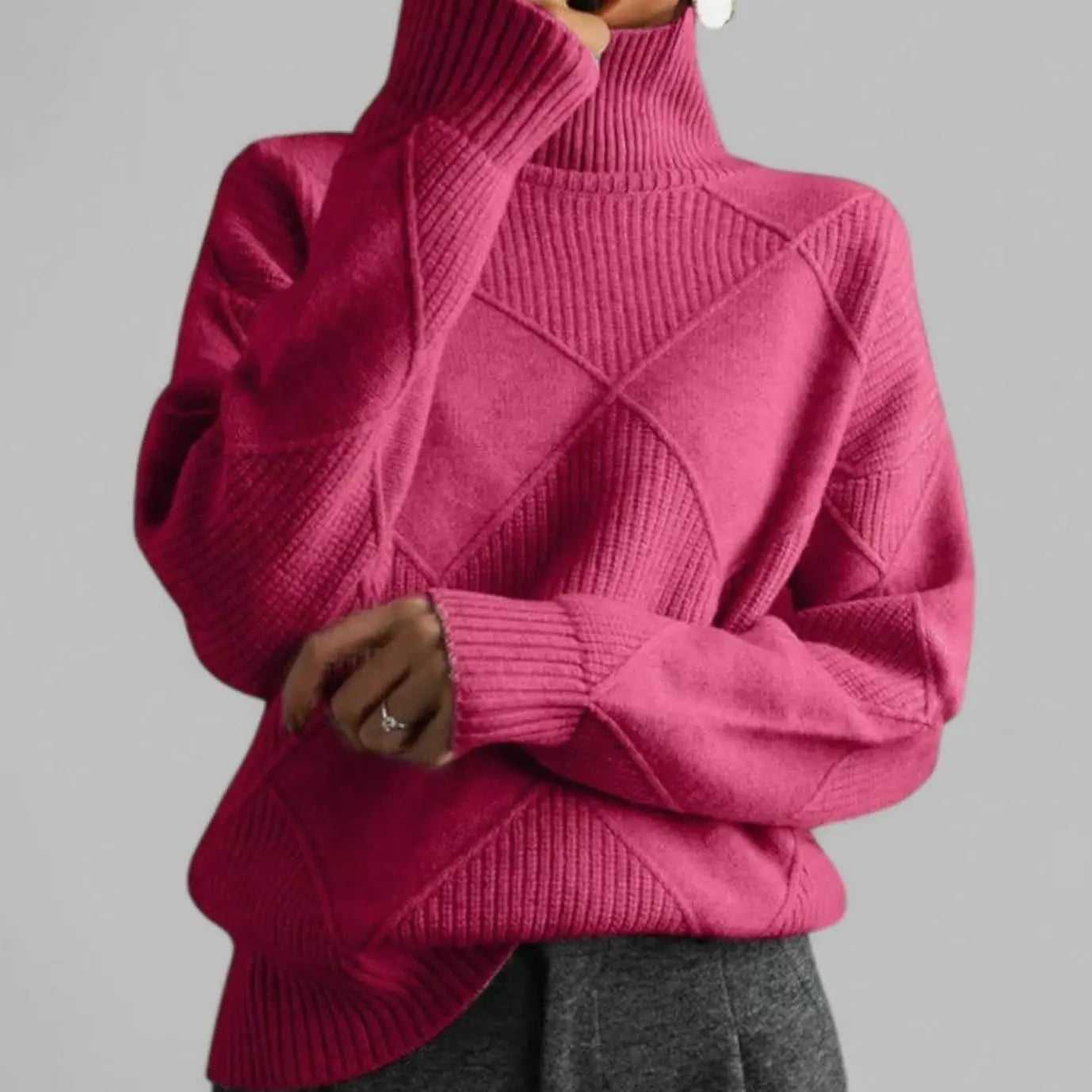 Women's Oversized Diamond-Knit Turtlenecks Sweater - Pink