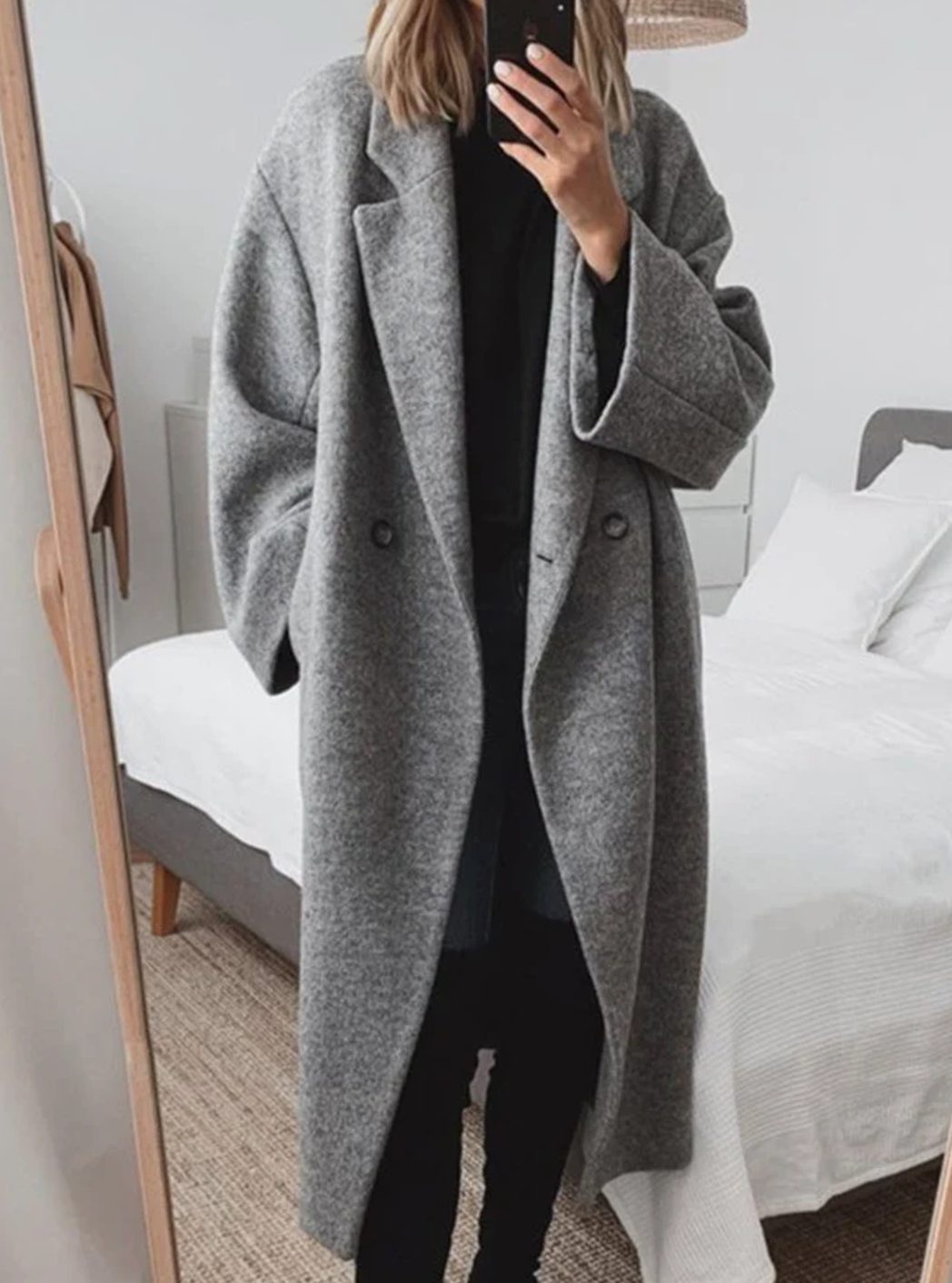 Women's Oversized Double-Breasted Longline Wool-Blend Coat - Grey